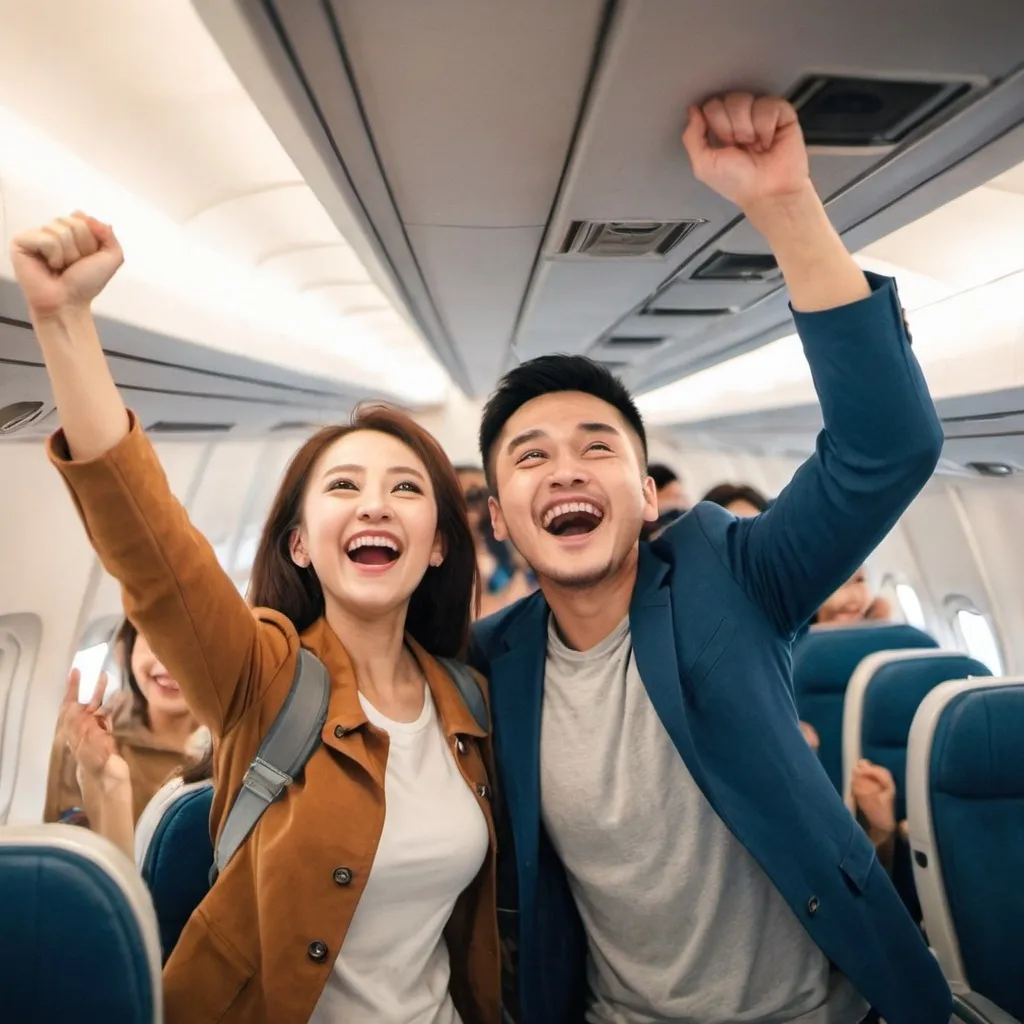 Prompt: a men with a women cheer happily when travel
