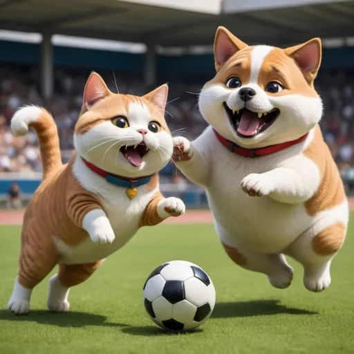 Prompt: On the soccer field, an adorable chubby cat and an adorable chubby dog are joyfully playing soccer. Despite their chubby bodies, they move gracefully on the field. The cat gently passes the soccer ball to the dog with its nimble paws, and the dog skillfully heads the ball into the air. They chase after the ball together, relishing in the joy of the game, filling the field with laughter and vitality. The spectators watching them are inspired by their friendship and energy, applauding warmly.