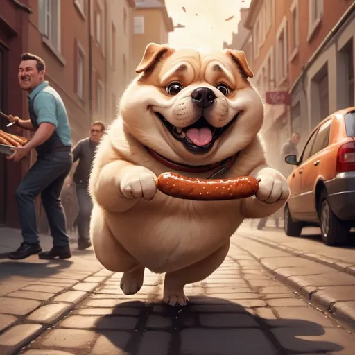 Prompt: Adorable chubby dog stealing sausages, butcher chasing with knife, busy street, dynamic action, high quality, vibrant cartoon, warm tones, dramatic lighting, detailed fur, urban setting, comedic