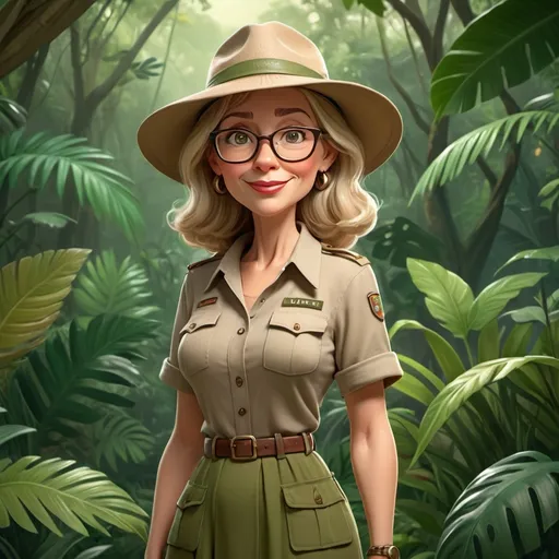 Prompt: (cartoon style) proper looking slender middle-aged safari lady with graying blond hair, (muted color scheme), wearing a safari hat, big horn-rimmed glasses, long green skirt, surrounded by lush jungle foliage, (soft lighting), serene and adventurous ambiance, highly detailed character, vibrant greens and earth tones, whimsical yet sophisticated atmosphere, (4K).