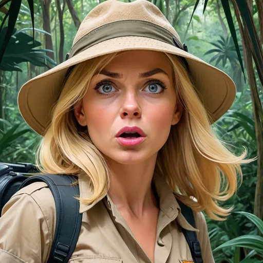 Prompt: Blond European woman on safari, jungle setting, shocked expression, cartoon style, intense colors, adventurous, non-photographic art, action-packed, safari hat, detailed eyes, vibrant tones, dynamic composition, vibrant, high-energy, bold lines, jungle adventure, professional cartoon, intense shading