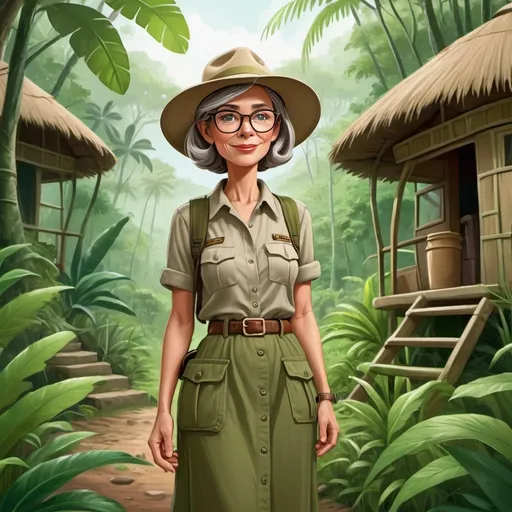 Prompt: (cartoon style image), (muted colors), forty-ish safari tourist woman, slightly graying hair, thick horned rim glasses, wearing a safari hat, long green skirt, standing in a lush jungle, a harmonious blend of greens and browns, grass huts in the background, vibrant yet soft ambiance, whimsical atmosphere, serene vibe, ultra-detailed, HD, rich textures, inviting jungle landscape.