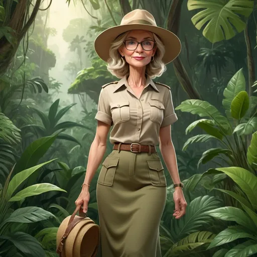 Prompt: (cartoon style) proper looking slender middle-aged safari lady with graying blond hair, (muted color scheme), wearing a safari hat, big horn-rimmed glasses, long green skirt, surrounded by lush jungle foliage, (soft lighting), serene and adventurous ambiance, highly detailed character, vibrant greens and earth tones, whimsical yet sophisticated atmosphere, (4K).