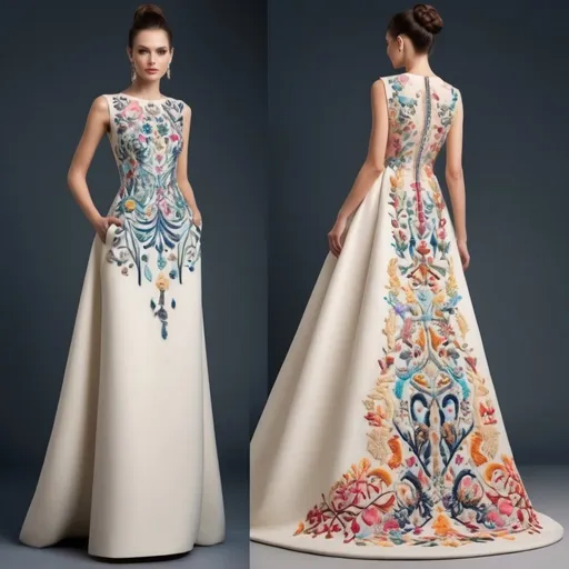 Prompt: Create an elegant haute couture long dress with creative pattern making you can use appliqué or any other embroidery that creates optical illusion that will help appear shorter people look taller also use colours that can also help appear shorter people look taller