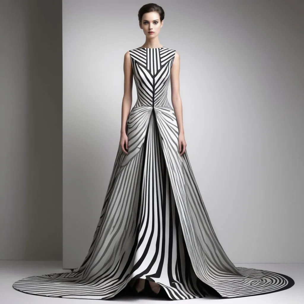 Prompt: Create an elegant haute couture long dress with creative pattern making of vertical optical illusion that will help appear shorter people look taller also use colours that can also help appear shorter people look taller