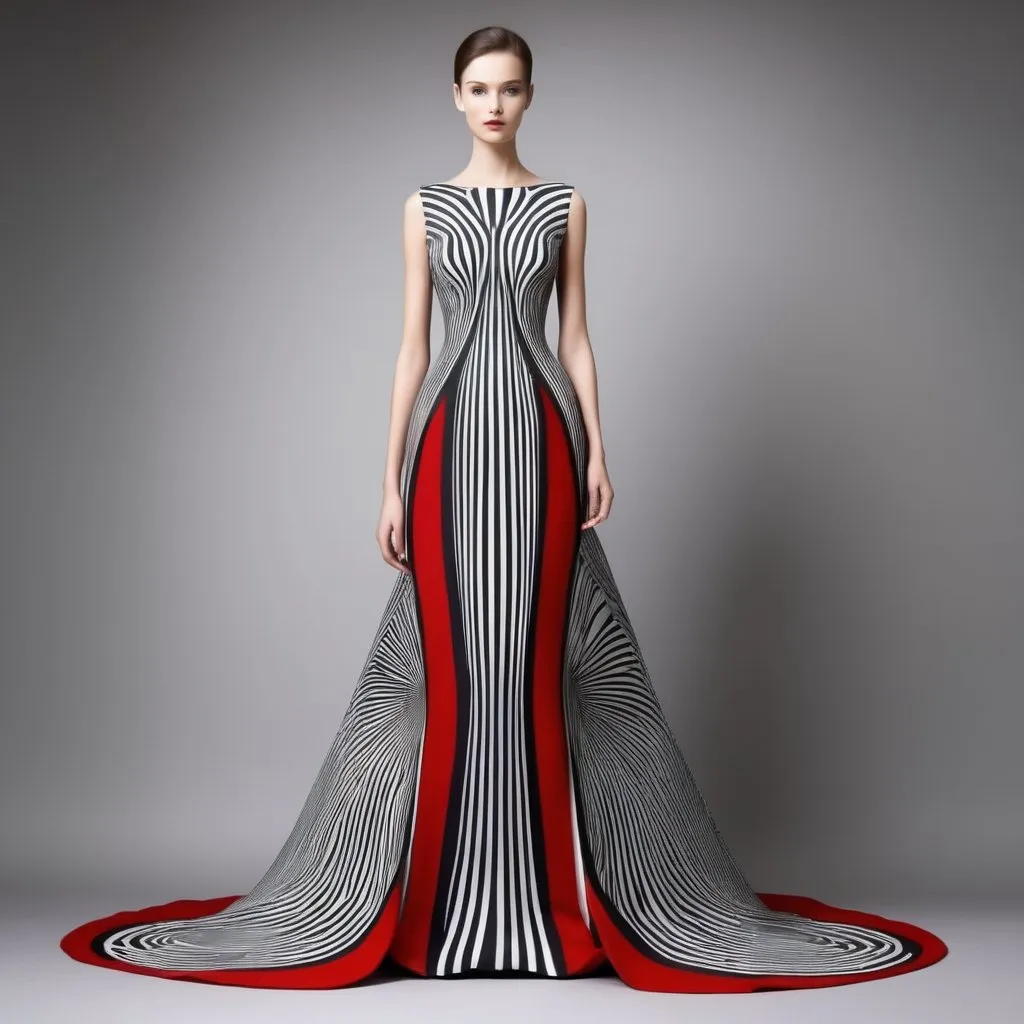 Prompt: Create an elegant haute couture long dress with creative pattern making of vertical optical illusion that will help appear shorter people look taller
