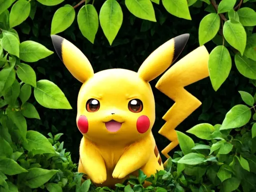 Prompt: A cute Pikachu peeking out of the bush