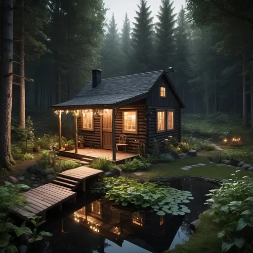 Prompt: fantasy dark forest, cabin deep in the forest, small food garden beside cabin, a clean pond behind cabin in the distance, small wood storage by cabin door, herb drying rack by garden entry, light reflecting off the pond, heavily shaded by forest, lights on in cabin, dark lighting