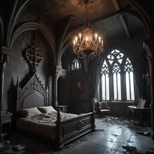 Prompt: fantasy world, gothic castle interior, master bedroom, dark lighting, abandoned
