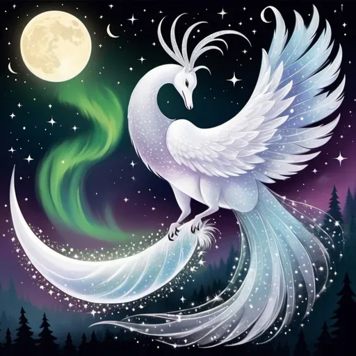 Prompt: A fantasy creature, Shiny particles are released from its wings like a veil, it is said to represent the crescent moon, on nights around the quarter moon, the aurora from its tail extends and undulates beautifully, those who sleep holding this creature's feather are assured of joyful dreams.