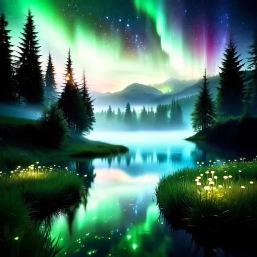 Prompt: A fantasy realm, ethereal spirit world, misty, tiny fireflies floating around, nightly meadows, gentle lighting, aurora skies