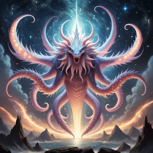 Prompt: A fantasy creature described as the 
creature that shaped the universe with its 1,000 arms. It was born before the universe even existed, It's the heavenly fount from which the light that shines across the world pours. Its luminance guides and protects all, and is the creator of all things.