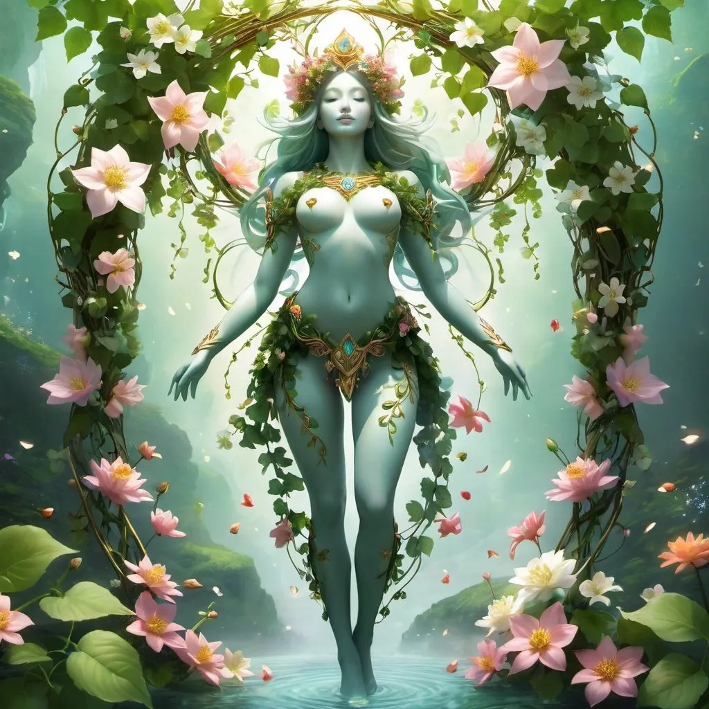 Prompt: Fantasy creature, God of the Flowers, blossoming vines covering body, gentle lighting, petals gently floating around their legs and feet