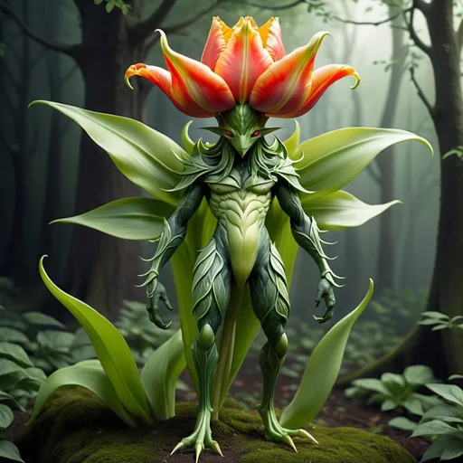 Prompt: A fantasy creature. This Creature is a bipedal monster with plant characteristics. It dons a scarlet flower with white-spotted petals upon its head; said flower has golden filaments with red anther, resembling a crown. It possesses dark green, linear leaves under the flower, and light green, linear leaves underneath the darker leaves. One of the light green leaves, on the back of its head, is about as long as its body and resembles hair. Two light green leaves loosely hang down from its head. Its head and abdomen are white and its eyes, which resemble seeds, are a light shade of scarlet. It has dark green, linear leaves for arms, and a golden sepal under its neck. It wears a large, light green, tulip shaped collection of leaves, resembling a dress. There are two long, dark green, linear leaves coming from its back to around the bottom of its "dress". It also possesses another golden, sepal-shaped extension underneath its "dress", resembling feet.