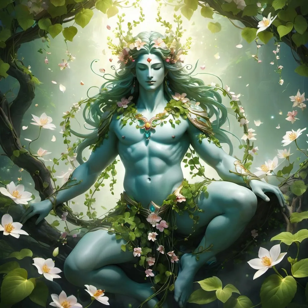 Prompt: Fantasy creature, God of the Flowers, blossoming vines covering body, gentle lighting, petals gently floating around their legs and feet