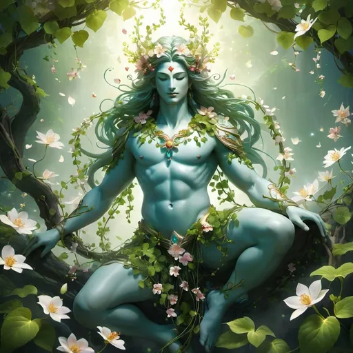 Prompt: Fantasy creature, God of the Flowers, blossoming vines covering body, gentle lighting, petals gently floating around their legs and feet