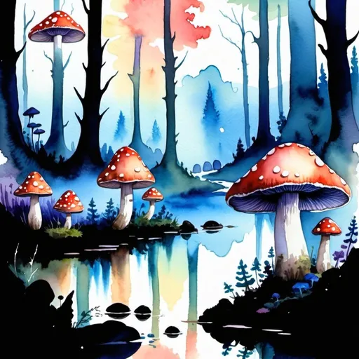 Prompt: Fantasy Landscape, fantasy mushroom forest, watercolour art