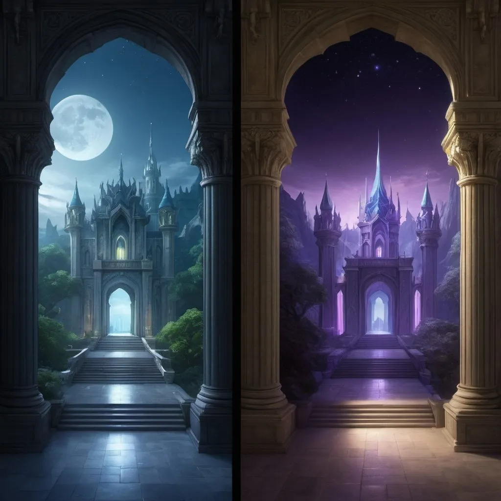 Prompt: fantasy realm, day/night vertical, gentle lighting, realm of night on left, realm of day on right, center palace