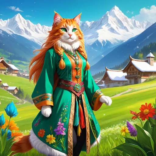 Prompt: high resolution, high fantasy, anthropomorphic cat, colourful fantasy clothes, long mane, vibrant plants, warm village in a green field, snow mountains in the far background