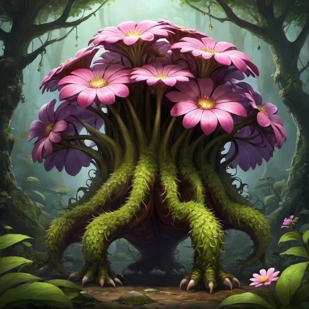 Prompt: A fantasy plant monster. No matter how much time is spent raising it, its flower is the most beautiful when they bloom in the wild. The fragrance of the giant bloom, growing as part of its head, has a relaxing effect, but taking care of it is very difficult. As soon as this creature finds a partner, the beautiful flower on its head darkens, droops, and withers away. 