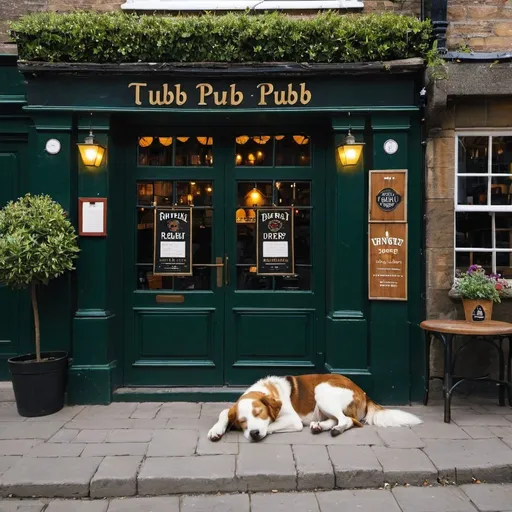 Prompt: Dog sleeping outside a pub