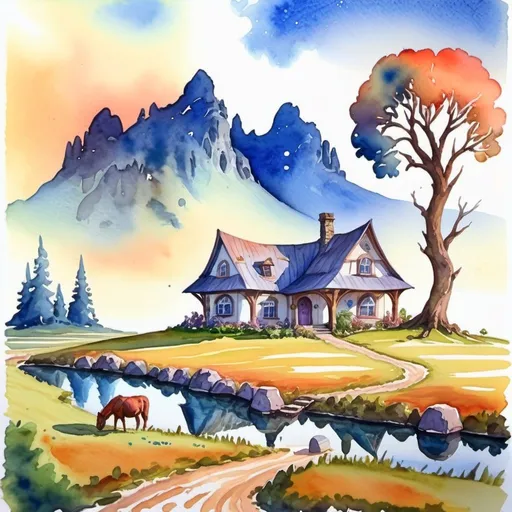 Prompt: Fantasy Landscape, fantasy homestead, watercolour art