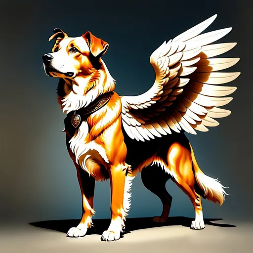 Prompt: a large winged old tan dog, dogs wings coming from the dogs shoulders.
Classical realism art style, D&D art