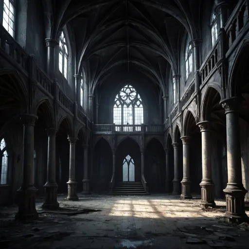 Prompt: fantasy world, gothic castle interior, main hall, dark lighting, abandoned