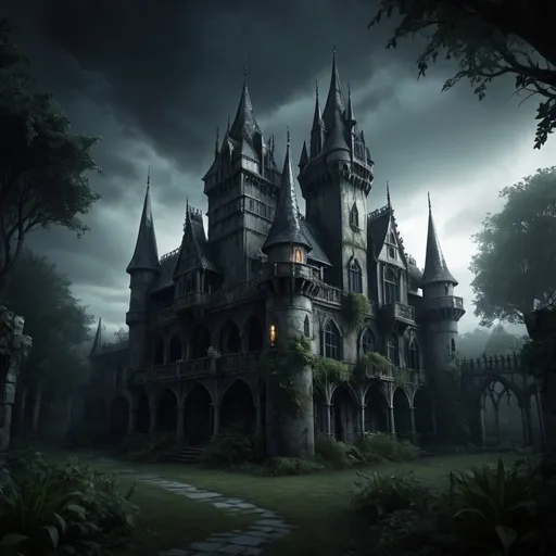 Prompt: fantasy world, gothic castle exterior, gardens, dark lighting, abandoned
