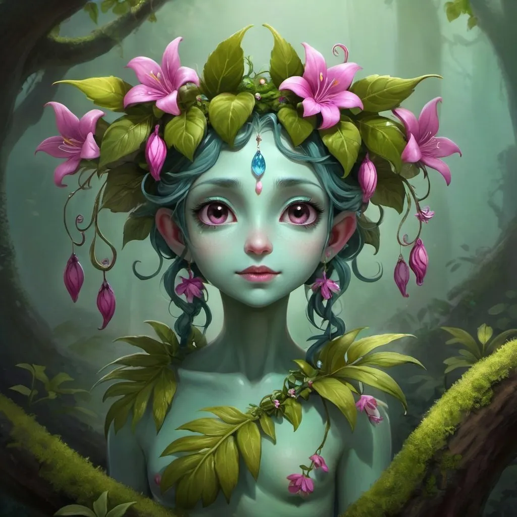 Prompt: A fantasy plant-creature. No matter how much time is spent raising it, its flower is the most beautiful when they bloom in the wild. The fragrance of the garland growing as part of its head has a relaxing effect, but taking care of it is very difficult. As soon as this plant-creature finds a partner, the beautiful flower on its head darkens, droops, and withers away. 