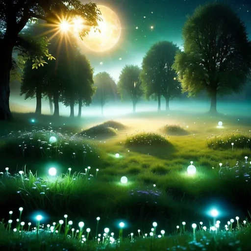 Prompt: A fantasy realm, ethereal spirit world, misty, tiny light orbs floating around, nightly meadows, gentle lighting