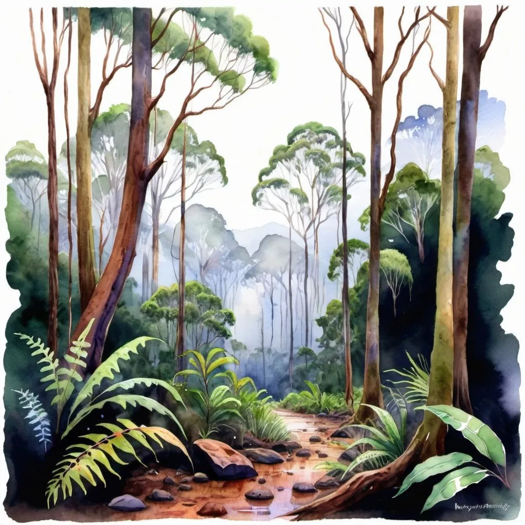 Prompt: Australian rainforest Landscape, watercolour art