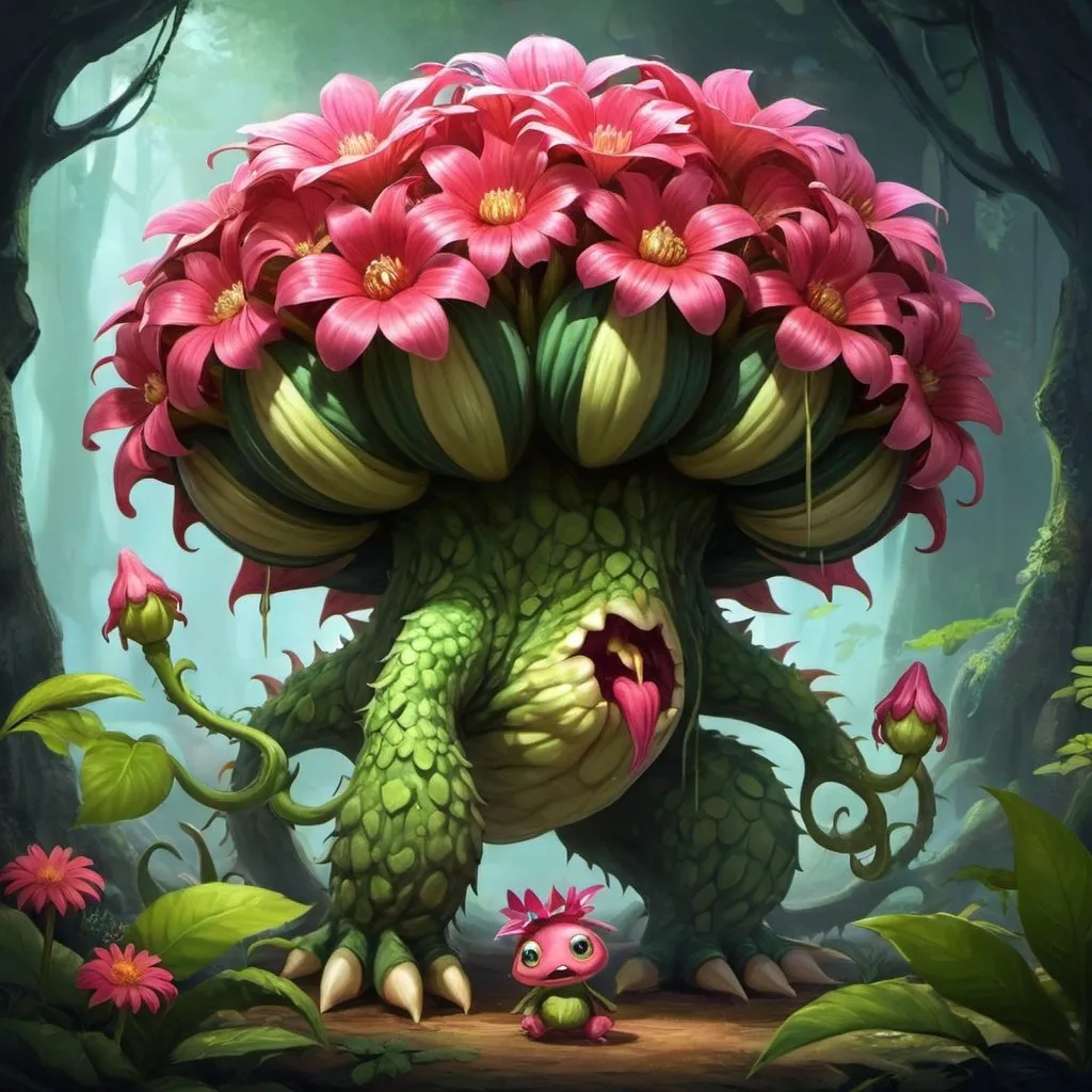 Prompt: A fantasy plant monster. No matter how much time is spent raising it, its flower is the most beautiful when they bloom in the wild. The fragrance of the giant bloom, growing as part of its head, has a relaxing effect, but taking care of it is very difficult. As soon as this creature finds a partner, the beautiful flower on its head darkens, droops, and withers away. 