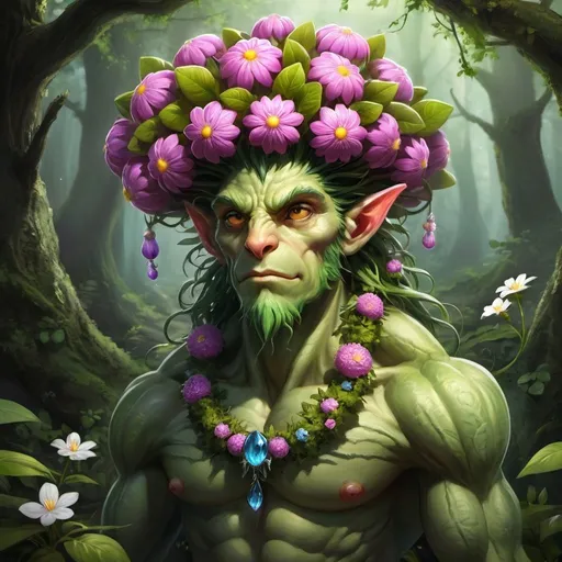 Prompt: A fantasy plant monster. No matter how much time is spent raising it, its flower is the most beautiful when they bloom in the wild. The fragrance of the garland growing as part of its head has a relaxing effect, but taking care of it is very difficult. As soon as this plant-creature finds a partner, the beautiful flower on its head darkens, droops, and withers away. 