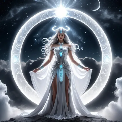 Prompt: Fantasy God of the moon, misty ethereal body, celestial robes flowing, glowing silver halo, mythical deity, otherworldly presence, high quality, ethereal, fantasy, celestial, mystical, detailed design, moonlit, atmospheric lighting