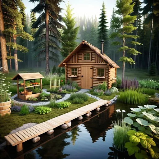 Prompt: fantasy, cabin in the forest, small food garden beside cabin, a clean pond behind cabin in the distance, small wood storage by cabin door, herb drying rack by garden entry