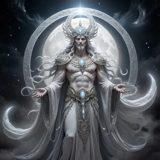 Prompt: Fantasy God of the moon, misty ethereal body, celestial robes flowing, glowing silver halo, intricate lunar headdress, mythical deity, otherworldly presence, high quality, ethereal, fantasy, celestial, mystical, detailed design, moonlit, atmospheric lighting