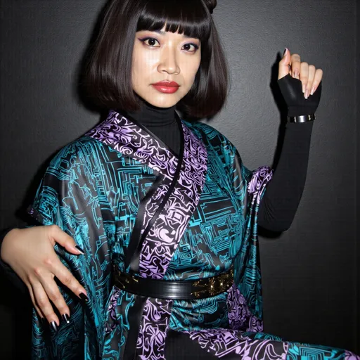 Prompt: @MHPJ69oSbaQO2ArZzh8p is wearing a fancy latex Japanese kimono. The fabric features intricate, modern patterns inspired by cyber circuitry and digital circuit boards, subtly glowing with soft neon accents in hues of electric blue and violet. Her long dark hair is styled in a classic geisha updo, adorned with metallic kanzashi hairpins. Her expression is serene, almost ethereal.