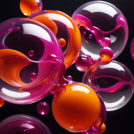 Prompt: Abstract glossy, fluid-like transparent structures and spheres transparent magenta orange, molten glass in mid-air, dynamic, dark backdrop