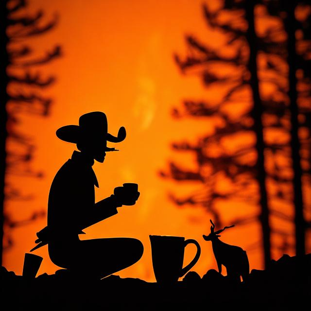 Prompt: silhouette cowboy drinking coffee by the fire 
