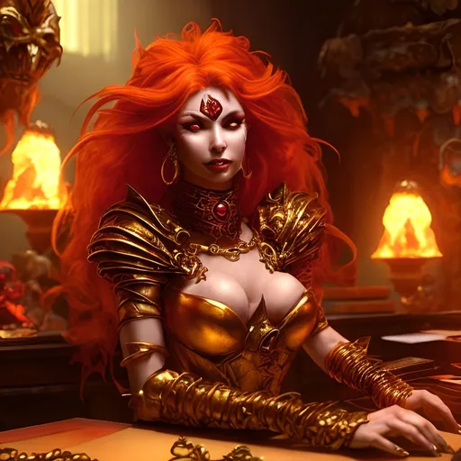 Prompt: a beautiful fiery-haired fantasy dungeons and dragons succubus, wearing golden jewelry, sitting behind a desk covered with riches, in an office draped in crimson reds
