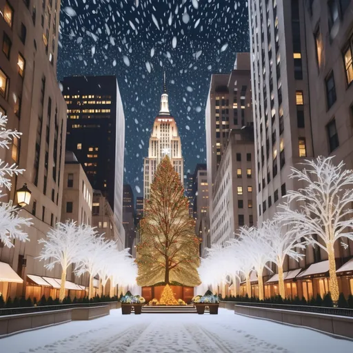 Prompt: (opulent winter wonderland), luxurious Manhattan skyline, classic architecture framed by falling snowflakes, breathtaking holiday atmosphere, warm golden lights illuminating snow-draped buildings, shimmering reflections on frosty streets, cozy winter vibes, detailed icicles, festive decorations, decorated and lit up Rockefeller Christmas tree, ultra-detailed, 4K quality.