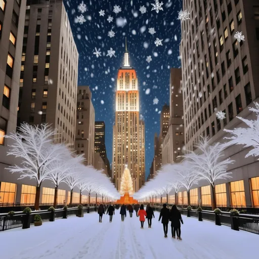 Prompt: (opulent winter wonderland), luxurious Manhattan skyline, classic architecture framed by falling snowflakes, breathtaking holiday atmosphere, warm golden lights illuminating snow-draped buildings, shimmering reflections on frosty streets, cozy winter vibes, detailed icicles, festive decorations, elegant carolers in the backdrop, inviting and magical ambiance, ultra-detailed, 4K quality Including big iconic Rockefeller lit up Rockefeller Christmas tree