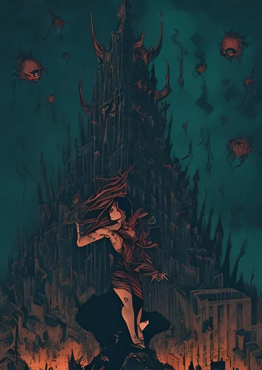 Prompt: devil, tarot card, the tower, beautiful girl, drowning, city, topple building