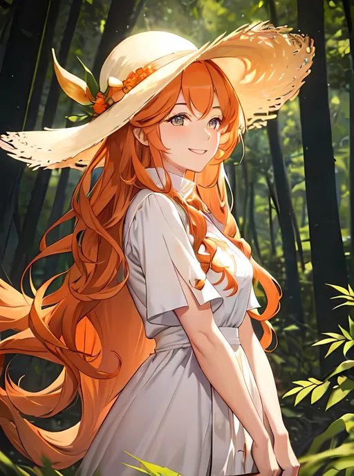 Prompt: A smiling woman wearing a 1900's style farming outfit with very long and dense curly orange hair and a sun hat. She in a dense pine tree forest. Facing away from the camera.