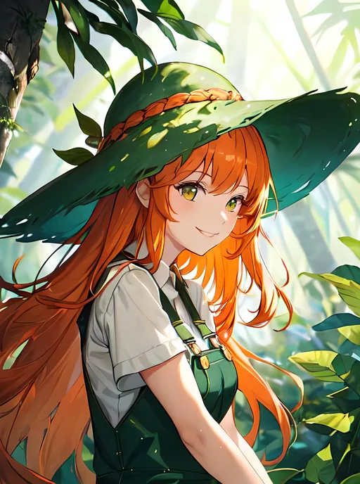 Prompt: A smiling woman wearing a farming outfit with dark green overalls and very long and dense curly orange hair and a sun hat. She in a dense pine tree forest. She is facing away from the camera.