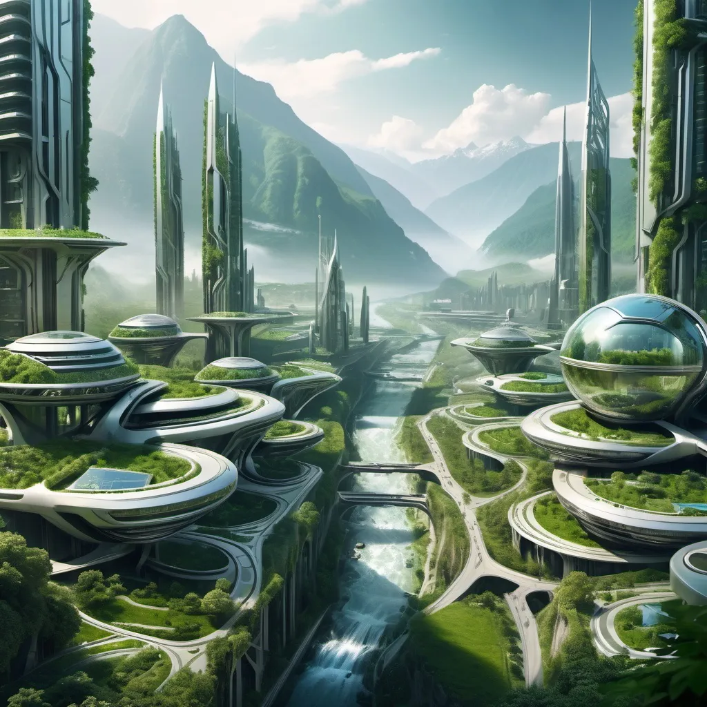 Prompt: Futuristic metal city with greenery
 in a valley with a river surrounded by mountains