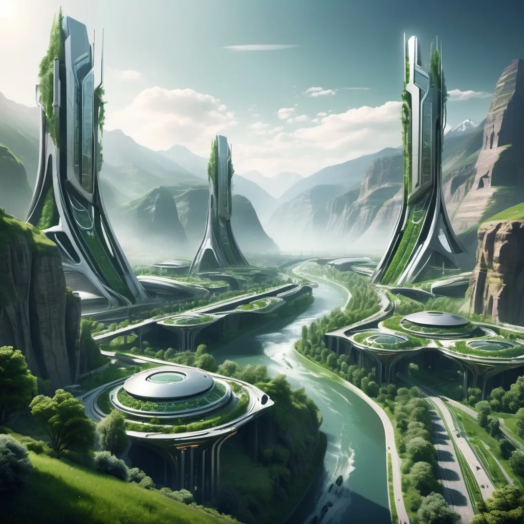 Prompt: Futuristic metal city with greenery
 in a valley with a river surrounded by mountains