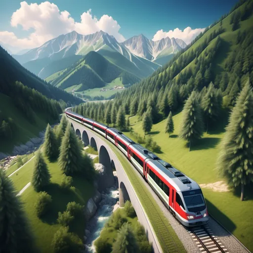 Prompt: (railway infrastructure concept), (touristic electric trains), scenic view in the Tatra and Fatra mountains, blending modern engineering with natural landscapes, lush greenery and majestic peaks, vibrant colors capturing the beauty of Slovakia, intricate railway system illustrations, harmonious integration with nature, high detail, (4K resolution), inviting and adventurous atmosphere.