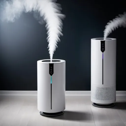 Prompt: air purifiers with cool looking air being dispersed